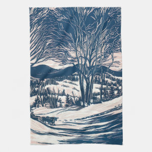 Linge De Cuisine Noël vintage, paysage de montagne enneigée en hive