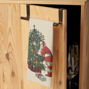 Linge De Cuisine Noël vintage, Père Noël avec présents