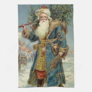 Linge De Cuisine Noël vintage, Père Noël victorien avec arbre