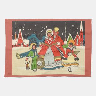 Linge De Cuisine Noël vintage, une famille chantant des chants de N