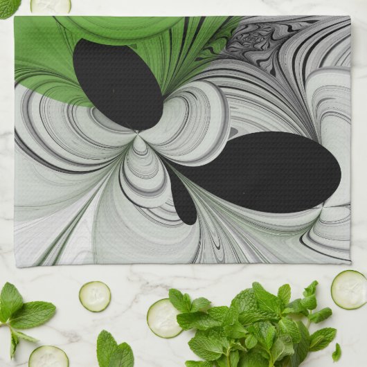 Linge De Cuisine Noir Abstrait et blanc avec art fractal vert (Plié)