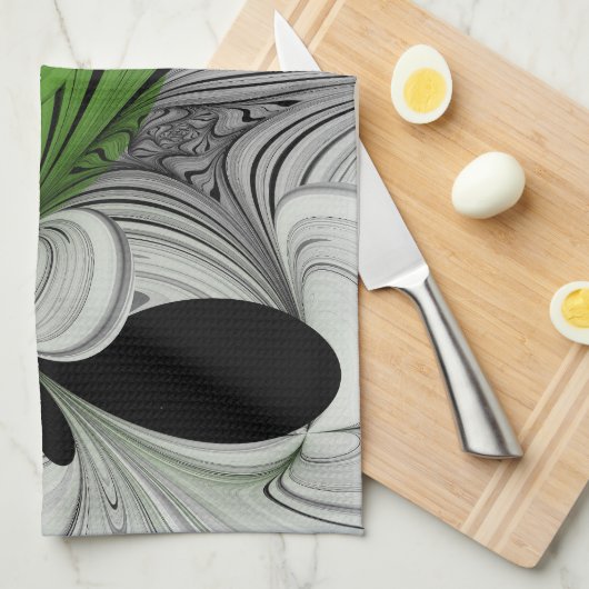 Linge De Cuisine Noir Abstrait et blanc avec art fractal vert (Quart Plié)