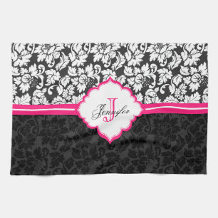 Linge De Cuisine Noir blanc et rose Vintage Damas florales