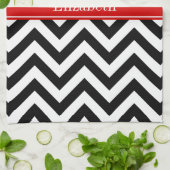 Linge De Cuisine Noir Blanc LG Chevron Rouge Nom Monogramme (Plié)