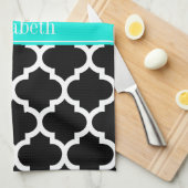 Linge De Cuisine Noir Blanc Marocain #5 Brt Nom Aqua Monogramme (Quart Plié)