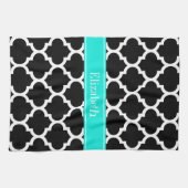 Linge De Cuisine Noir Blanc Marocain #5 Brt Nom Aqua Monogramme (Horizontal)