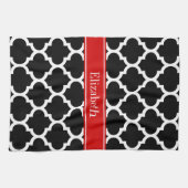 Linge De Cuisine Noir Blanc Marocain #5 Nom Rouge Monogramme (Horizontal)