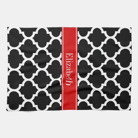 Linge De Cuisine Noir Blanc Marocain #5 Nom Rouge Monogramme (Horizontal)