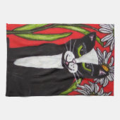 Linge De Cuisine Noir Blanc Tuxedo Chat Blanc Daisis Rouge (Horizontal)