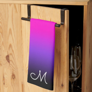 Linge De Cuisine Noir Bleu Violet et Néon Rose Ombré Monogramme