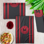 Linge De Cuisine Noir Classé Avec Bande Rouge Moderne Initiale<br><div class="desc">Moderne, et magnifiquement élégant paraphé cuisine ou serviette à la main parfait pour l'entreprise et la maison avec cette serviette noire avec des bandes rouges et complétant cercle rouge avec des modèles de défilement élégants et une initiale personnalisable qui peut être changé en monogramme, famille, ou nom d'entreprise dans ce...</div>