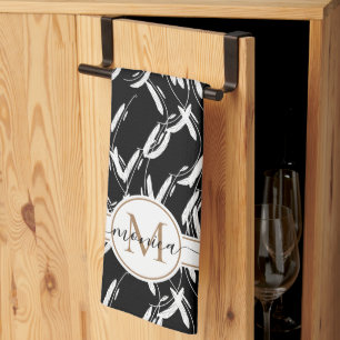 Linge De Cuisine Noir et blanc Floral Botanical Gold Monogramme