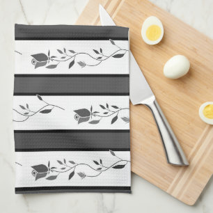 Linge De Cuisine Noir et blanc gris vintage rayé avec des roses