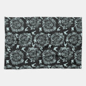 Linge De Cuisine Noir et floral vert menthe Oiseaux (Horizontal)