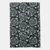 Linge De Cuisine Noir et floral vert menthe Oiseaux (Vertical)