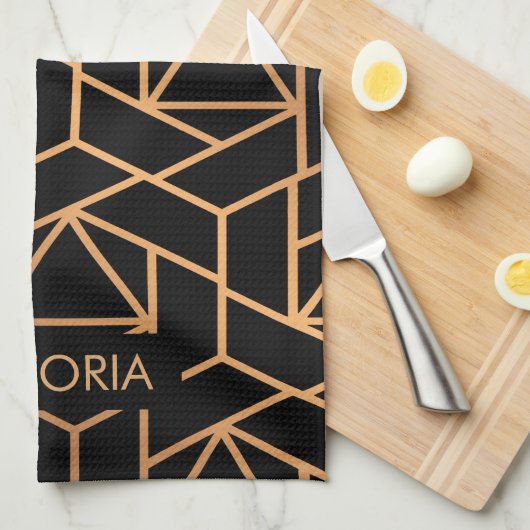 Linge De Cuisine Noir et motif élégant d'or (Quart Plié)