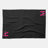 Linge De Cuisine Noir & Gras Hot Pink Monogramme Nom initial Famill (Horizontal)