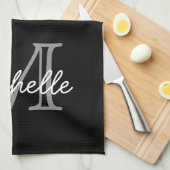 Linge De Cuisine Noir moderne Blanc Personnalisé Nom Monogramme (Quart Plié)
