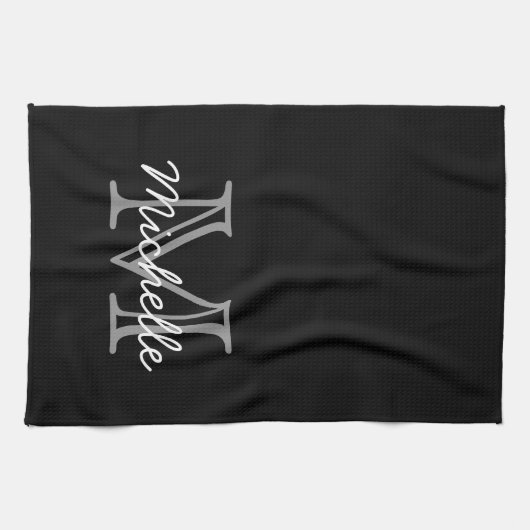 Linge De Cuisine Noir moderne Blanc Personnalisé Nom Monogramme (Horizontal)