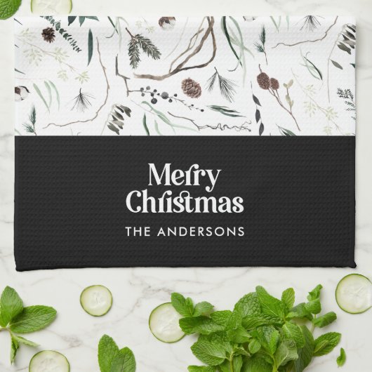 Linge De Cuisine Noir moderne élégante aquarelle botanique rustique (Plié)