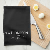 Linge De Cuisine Noir moderne Simple Script Girl Monogramme Nom  (Quart Plié)