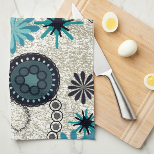 Linge De Cuisine Noir rétro et Turquoise (Quart Plié)