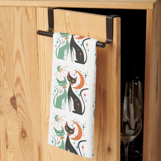 Linge De Cuisine Noir Turquoise Retro Atomic Cats (Pliage en tiers)