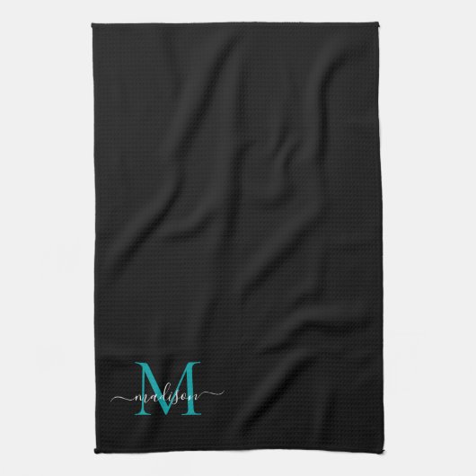 Linge De Cuisine Noir Turquoise Vert Fille Monogramme Nom du script (Vertical)