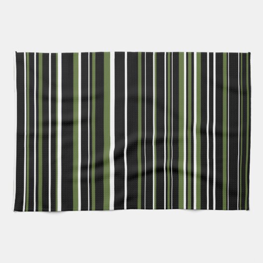 Linge De Cuisine Noir, Vert Olive, Rayure de code-barres blanc (Horizontal)