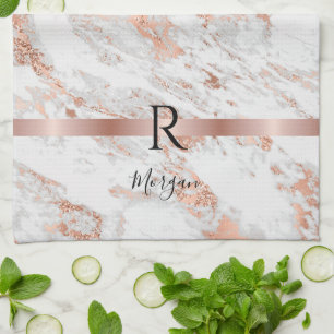 Linge De Cuisine Nom Blk / Monogramme Blanc + Marbre Pailleté Or Ro