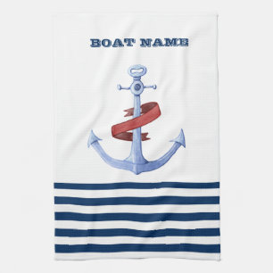 Linge De Cuisine Nom de bateau nautique, bleu ancre marine rayé ble