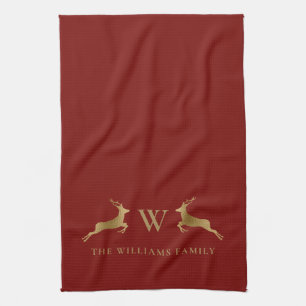 Linge De Cuisine Nom de famille Monogram Gold Deer Red