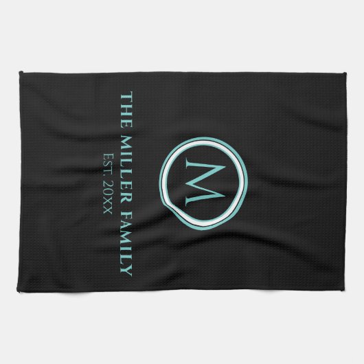 Linge De Cuisine Nom de famille | Monogramme | Date | Noir et Turqu (Horizontal)