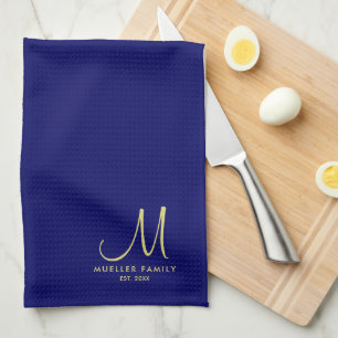 Linge De Cuisine Nom de famille Monogramme Marine bleu couleur soli