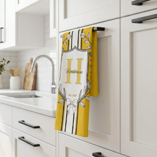 Linge De Cuisine Nom de famille Monogramme Rayure Jaune Noir