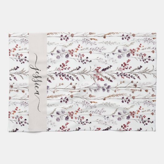 Linge De Cuisine Nom de script des fleurs d'hiver chic (Horizontal)