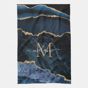 Linge De Cuisine Nom du monogramme Agate Marine Bleu Gold Gemstone
