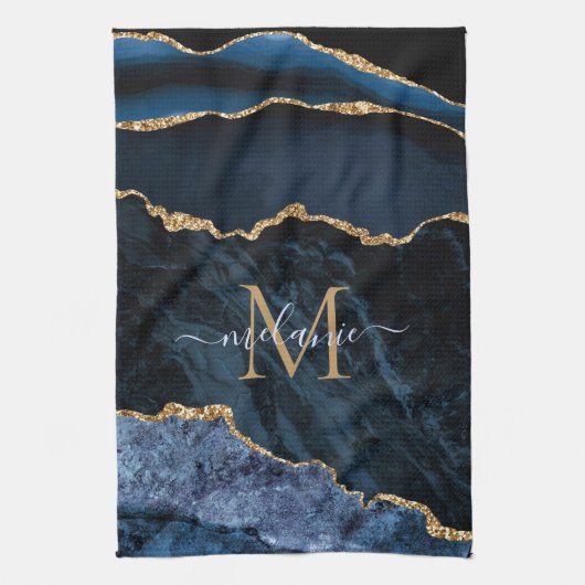Linge De Cuisine Nom du monogramme Agate Marine Bleu Gold Gemstone (Vertical)