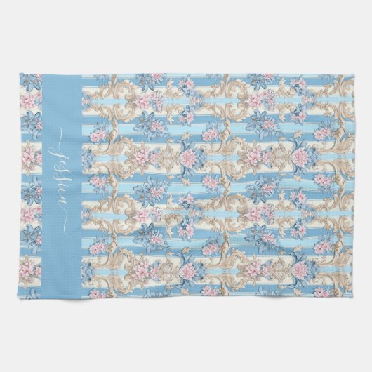 Linge De Cuisine Nom du script bleu clair baroque (Horizontal)