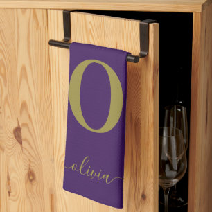 Linge De Cuisine Nom Du Script Monogramme Personnalisé Purple Et Or