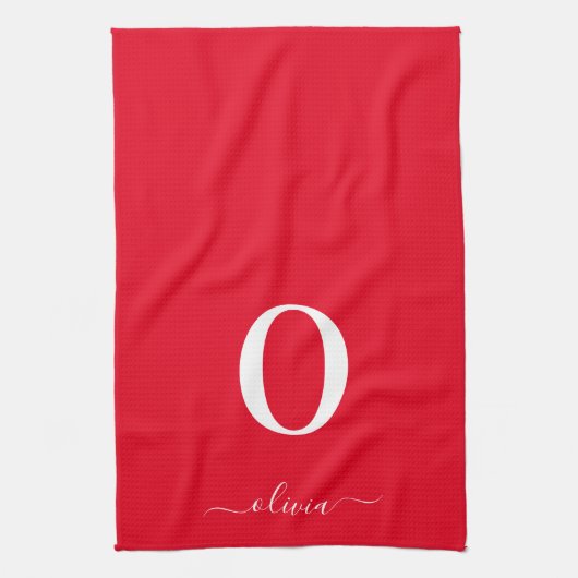 Linge De Cuisine Nom du script Monogramme Personnalisé Rouge Et Bla (Vertical)