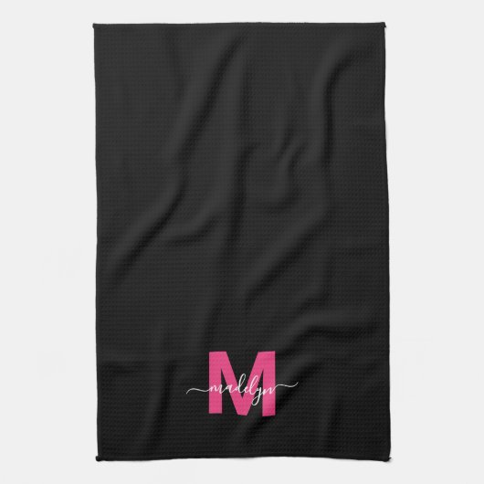 Linge De Cuisine Nom du script rose noir Monogramme (Vertical)