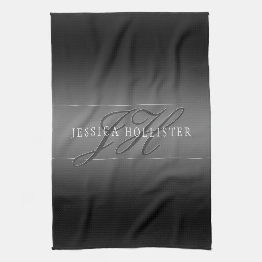 Linge De Cuisine Nom élégant et Initiales monogrammes | Noir et gri (Vertical)