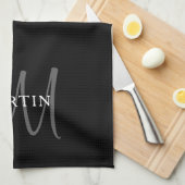 Linge De Cuisine Nom élégant Monogramme | Noir Blanc & Gris (Quart Plié)