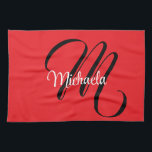 Linge De Cuisine Nom initial minimaliste moderne monogramme rouge<br><div class="desc">Monogramme moderne minimaliste nom initial noir blanc. Nom personnalisé personnalisable avec une initiale cursive derrière sur une couleur rouge.</div>