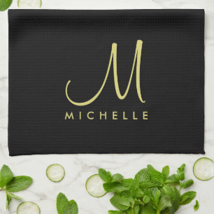 Linge De Cuisine Nom initial personnalisé Modèle Noir Or Monogramme
