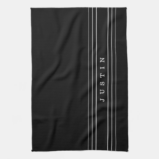 Linge De Cuisine Nom modifiable et bandes géométriques | Noir et bl (Vertical)