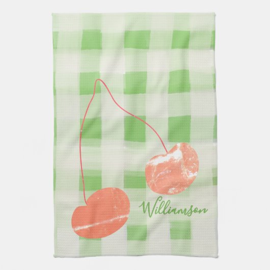 Linge De Cuisine Nom Monogram Check En vichy Pastel Green Cherry (Vertical)