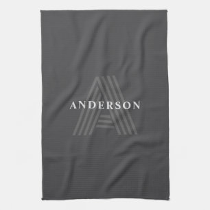 Linge De Cuisine Nom monogrammé rétro moderne gris foncé