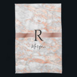 Linge De Cuisine Nom noir/Monogramme Parties scintillant en marbre<br><div class="desc">Personnalisez le nom du script noir et le grand monogramme noir sur bande or rose sur marbre or blanc et rose avec parties scintillant. Version 2.</div>